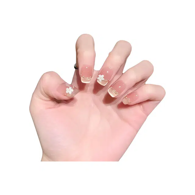 奥兰诺 七里香温柔法式小花穿戴甲裸色甜美显白气质高颜值美甲贴  短梯粉色纯色 可爱