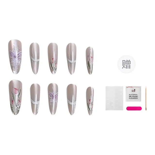 嘉比兔 蝴蝶郁金香可拆卸  穿戴甲 椭圆纯色晕染 新中式