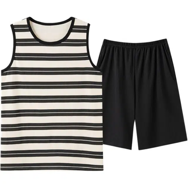 浮光岛屿 超柔软纯棉无袖时尚撞色条纹宽松休闲可外穿睡衣套装 男款 礼盒装