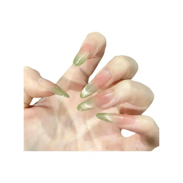 奥兰诺 春夏冰透芭乐渐变猫眼穿戴甲显白法式风格美甲贴片长款  杏仁绿色渐变 可爱