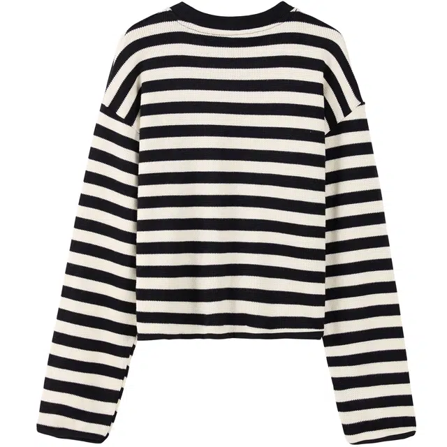 她池 圆领套头撞色慵懒风落肩长袖卫衣 女款 黑米条纹