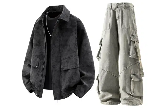 梓润格 美式高街潮流痞帅翻领时尚纯色设计感机车皮衣夹克外套百搭长裤大口袋装饰复古街头牛仔阔腿裤休闲运动套装 男女同款