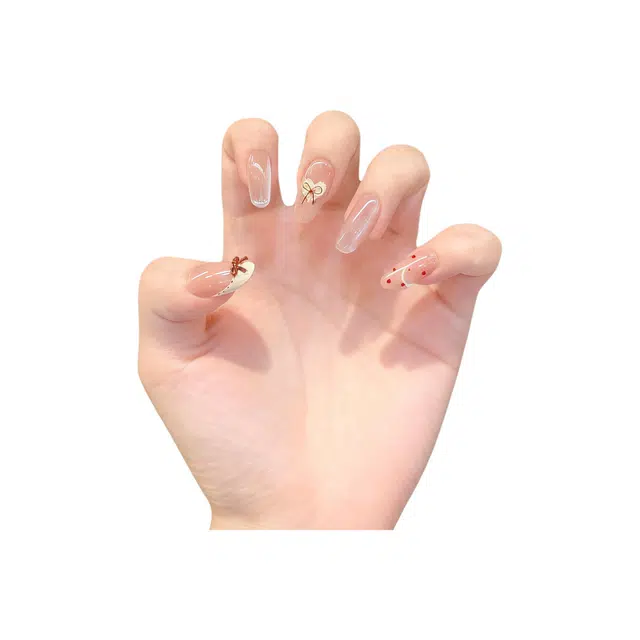 奥兰诺 甜心少女裸色穿戴甲高颜值气质显白波点法式蝴蝶结美甲贴片  杏仁浅色渐变 可爱