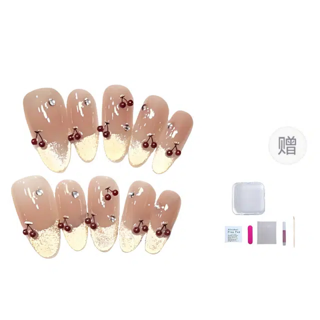 几多萌 【可爱樱桃】 手工穿戴甲短款高级感猫眼法式可爱樱桃美甲贴可拆卸  椭圆裸色腮红晕染 细闪