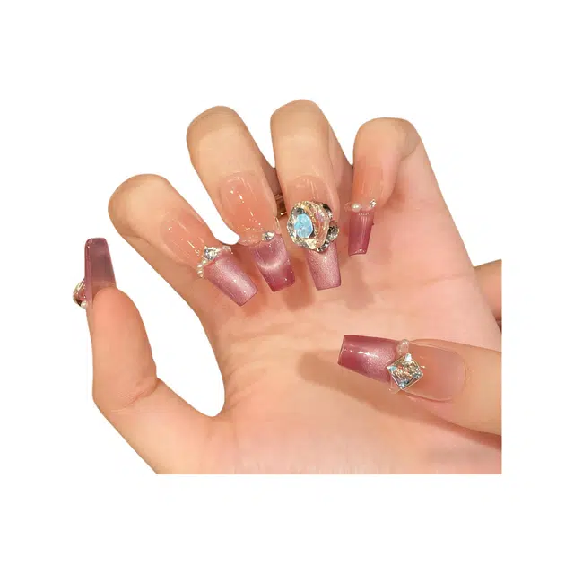 韵月乔 白水晶碎钻奶雾蔷薇梦幻  穿戴甲 长款紫色渐变 爆闪