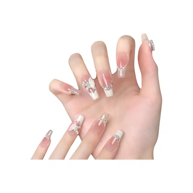 嘉比兔 立体水钻水晶蝴蝶珍珠美甲腮红中长款穿戴甲水滴甲甲片网红穿戴甲  梯型裸色晕染 可爱