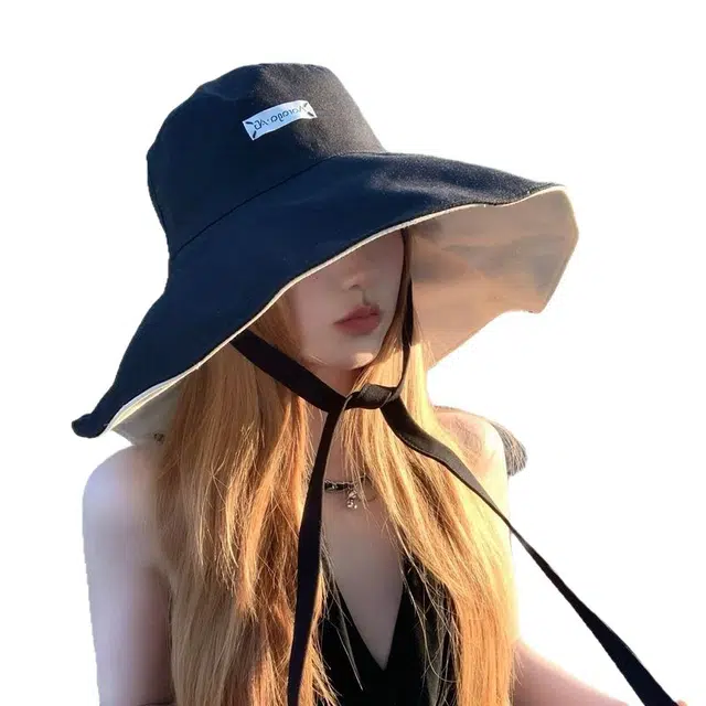 冠辉 夏季法式飘带户外休闲登山显脸小遮阳防紫外线双面遮阳渔夫帽日系休闲简约时尚加宽大帽檐 聚脂钎维 防晒帽 男女同款情侣款