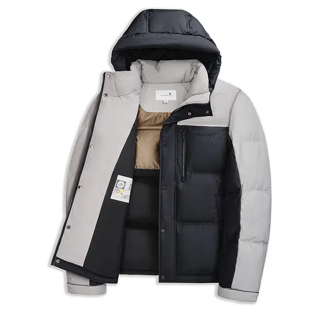 与狼共舞 石墨烯蓄热锁温科技 时尚格纹肌理撞色拼接加绒高充绒抗寒户外防风连帽厚款外套羽绒服 男款