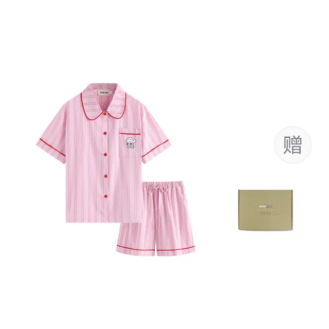 侘町 条纹可爱卡通柔软透气亲肤睡衣礼盒 女款 粉色