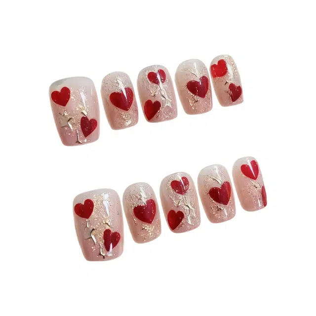 轻迎 魔镜爱心  穿戴甲 短梯红色晕染 可爱