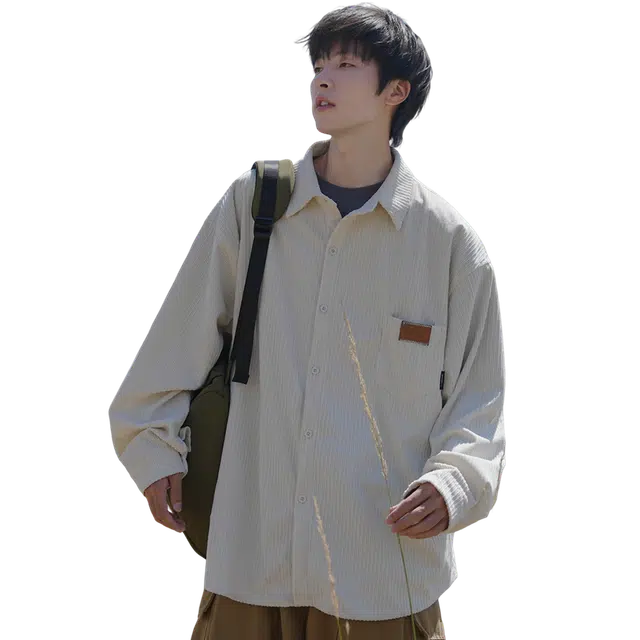 港仔文艺男 灯芯绒口袋撞色字母小标竖状条纹美式复古户外保暖单排扣翻领落肩长袖上衣休闲百搭叠穿简约舒适衬衫 男女同款