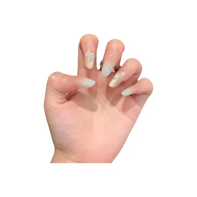 嘉比兔 猫眼渐变温柔奶蓝蝴蝶结星星美甲晕染高级手工穿戴甲显白指甲贴片  杏仁浅色晕染 可爱