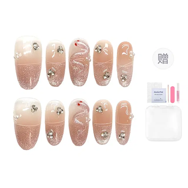 韵月乔 纯手工立体小蛇猫眼百搭清新  穿戴甲 杏仁裸色渐变 法式