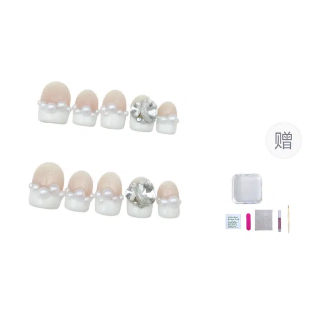 几多萌 纯欲风珍珠  穿戴甲 短圆裸色纯色 法式