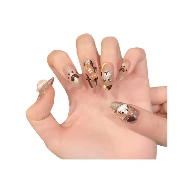 韵月乔 黑皮猫咪卡通可爱追光猫眼  穿戴甲 中梯棕色纯色