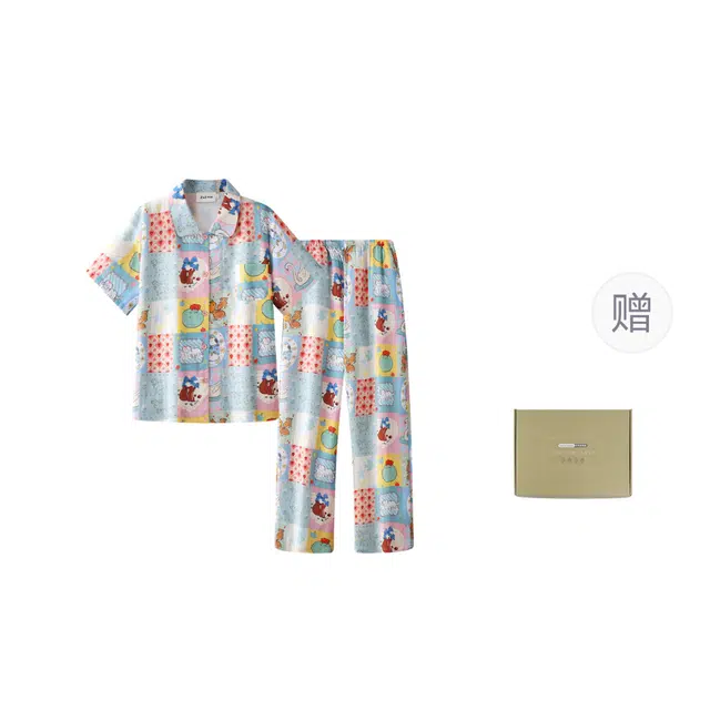 侘町 故事格子棉纱涂鸦卡通柔软透气亲肤睡衣礼盒 女款 图片色