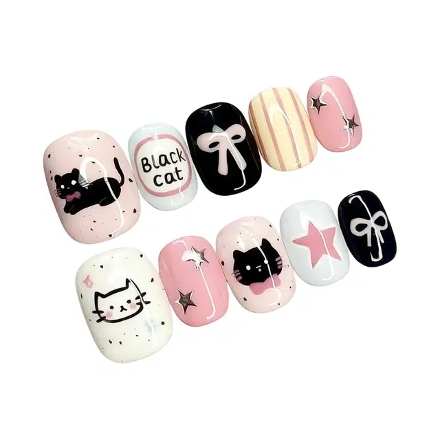 计轩 卡通甜酷风猫咪星星蝴蝶结  穿戴甲 短款粉色晕染 可爱