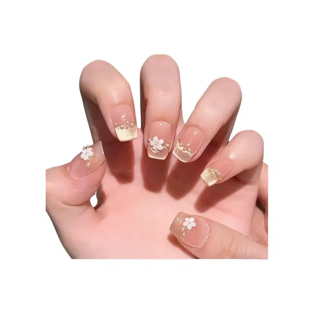 计轩 七里香高级显白法式猫眼气质立体小花纯手工穿戴百搭温柔美甲  短梯温柔小花晕染 可爱