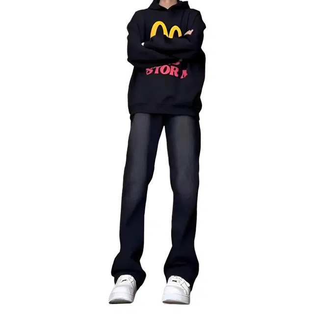 八哥 美式高街废土风质感基础款弯刀裤复古弹力阔腿垂感百搭时尚高级感运动舒适柔软不硬个性简约牛仔裤 男女同款