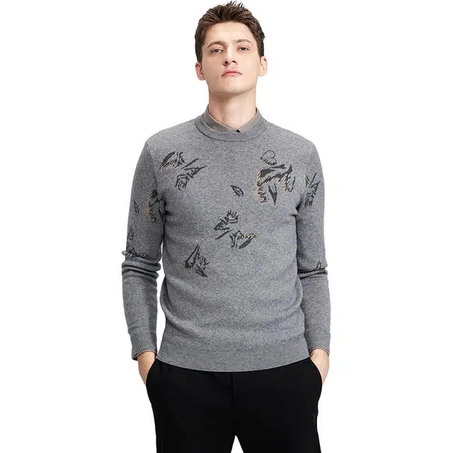 与狼共舞 生活休闲系列 个性提花时尚百搭舒适保暖圆领毛衣 男款 中灰