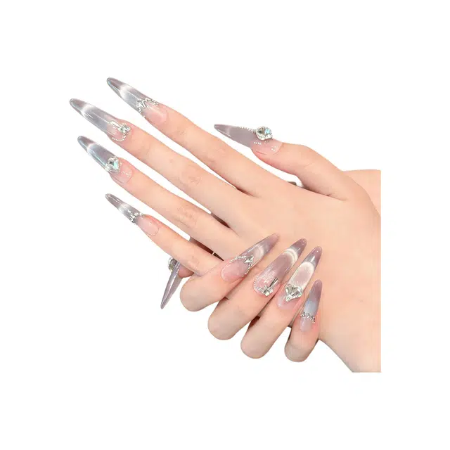 韵月乔 紫玉瑶光纯手工猫眼高级感  穿戴甲 尖型紫色渐变 爆闪