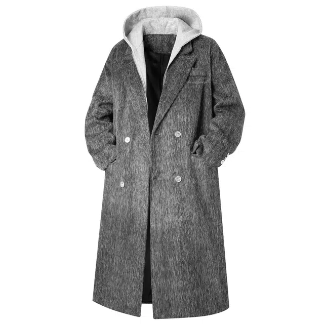 西行纪 高级感金属标装饰经典纯色海马长毛呢子双排扣假两件连帽外套英伦风通勤中长款过膝痞帅加厚保暖大衣 男女同款