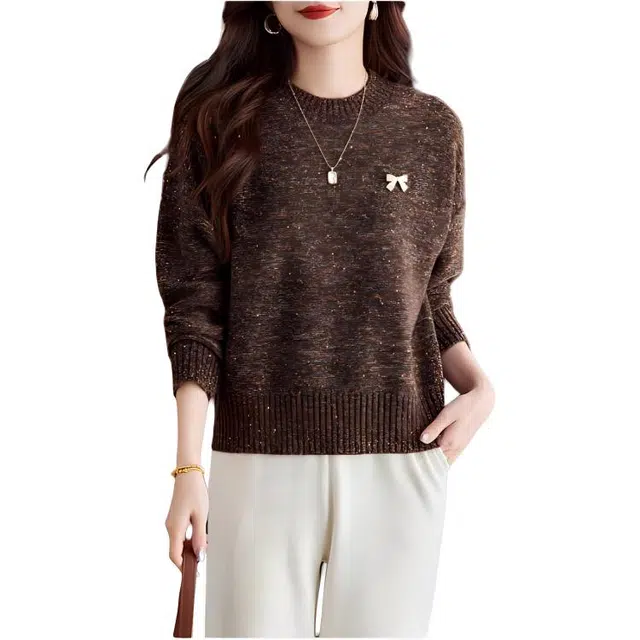 曲韩 通勤简约蝴蝶结长袖针织衫 女款