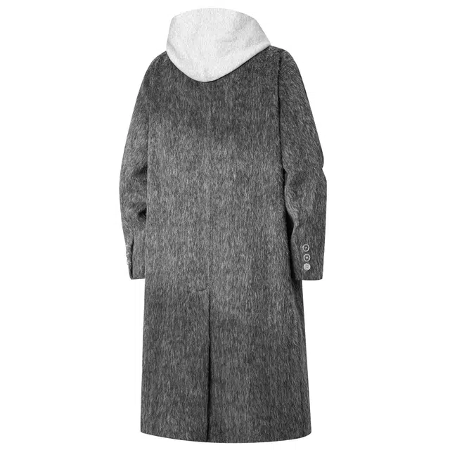 西行纪 高级感金属标装饰经典纯色海马长毛呢子双排扣假两件连帽外套英伦风通勤中长款过膝痞帅加厚保暖大衣 男女同款