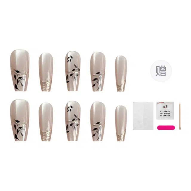 嘉比兔 鎏金黑色叶  穿戴甲 梯型长款纯色晕染 新中式 可拆卸不伤甲