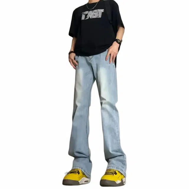 八哥 高街美式复古水洗做旧微喇休闲宽松垂感中腰日常时尚简约基础款柔软舒适牛仔裤 男女同款