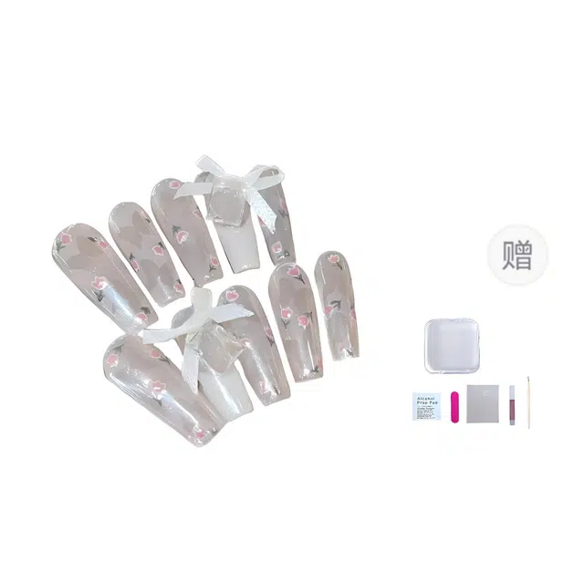 几多萌 手工穿戴甲甲片高级感 轻奢月光粉蝴蝶美甲可拆卸  梯型长款粉色裸色 细闪