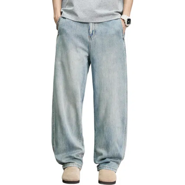童先森 潮牌美式复古男夏季宽松垂感直筒慵懒风休闲裤牛仔裤 男款