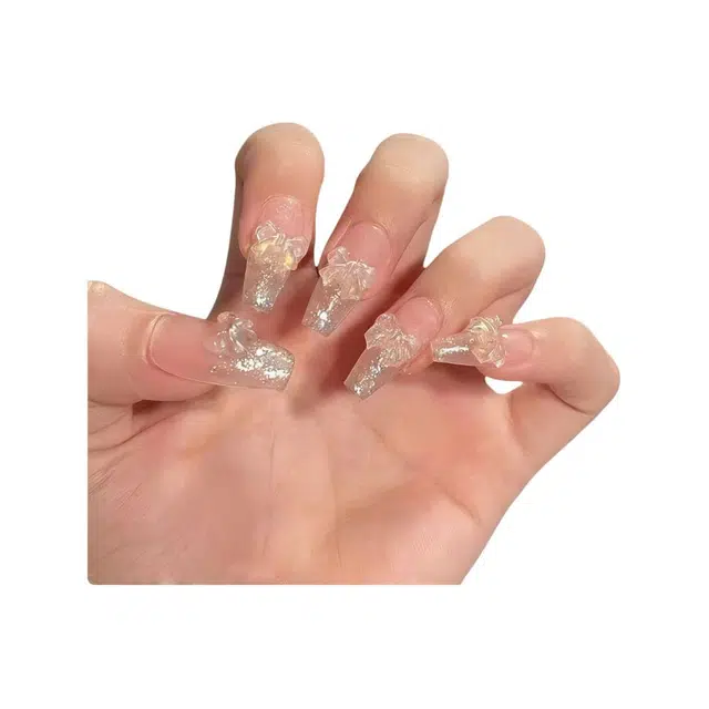 计轩 白气质手工蝴蝶结  穿戴甲 长款裸色渐变 纯欲