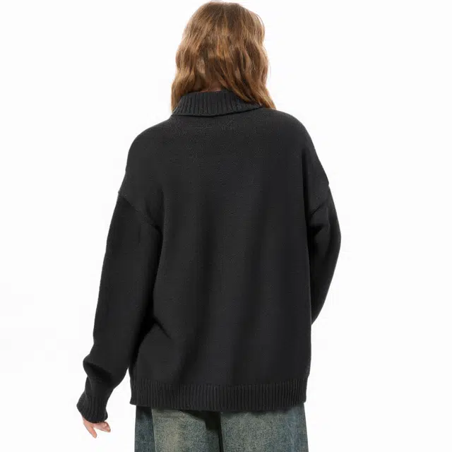 快鱼 美式复古纯色宽松简约百搭长袖毛衣 男女同款 黑色
