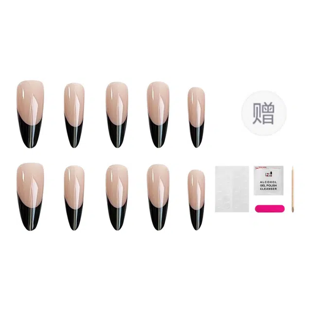 嘉比兔 穿戴式美甲贴片黑色法式  尖型中长款纯欲跳色