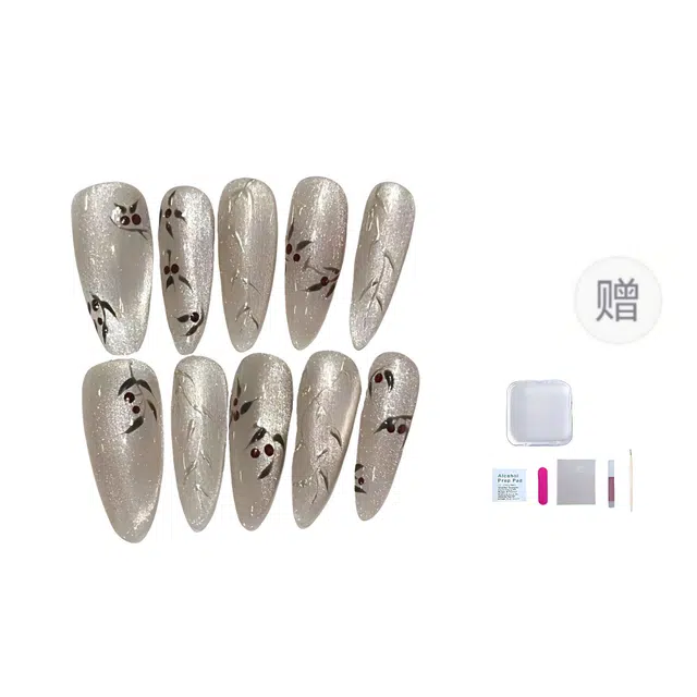 几多萌 上春山红豆美甲手工穿戴甲 高级猫眼手绘美甲 水墨优雅精致  杏仁透色裸色