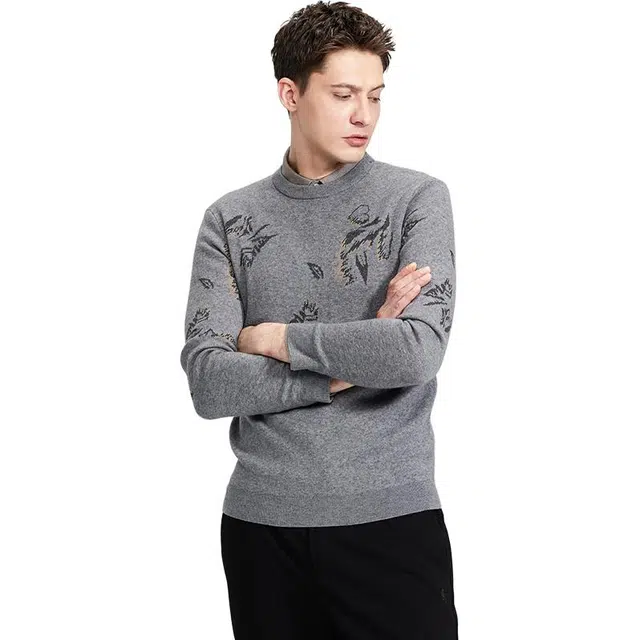 与狼共舞 生活休闲系列 个性提花时尚百搭舒适保暖圆领毛衣 男款 中灰