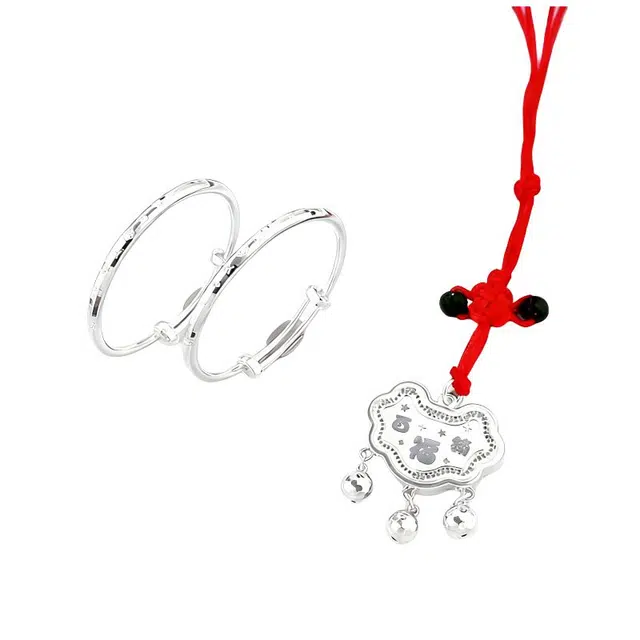 智玉云祥 圆管推拉童镯 百福宝宝锁包锁包百福宝宝百福宝宝套系一款式 手镯 三件套 儿童款