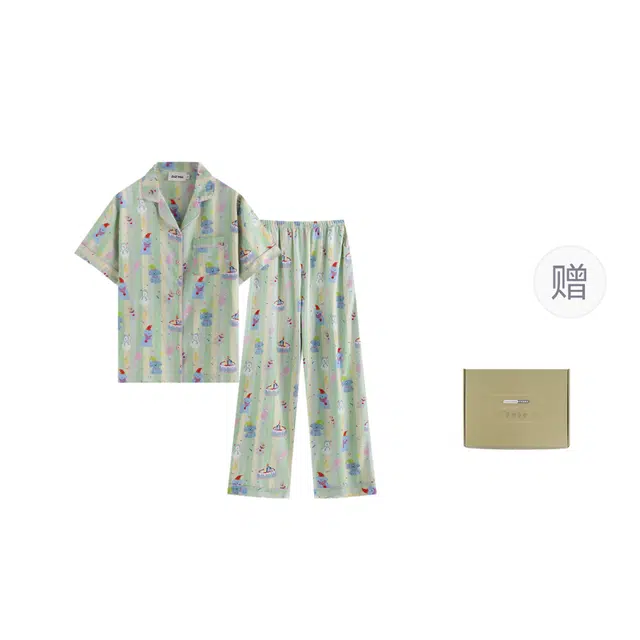 侘町 生日小熊清新卡通柔软透气亲肤睡衣礼盒 女款 绿色