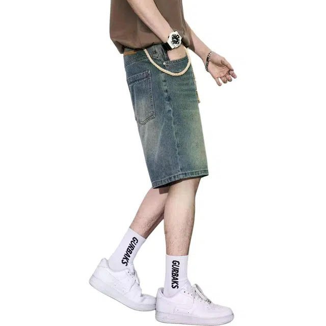 童先森 美式休闲水洗宽松中腰五分裤牛仔短裤 男款