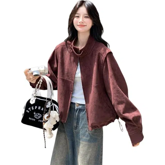 纤丝鸟 韩版休闲复古红女短款小个子夹克流行截短外套 女款