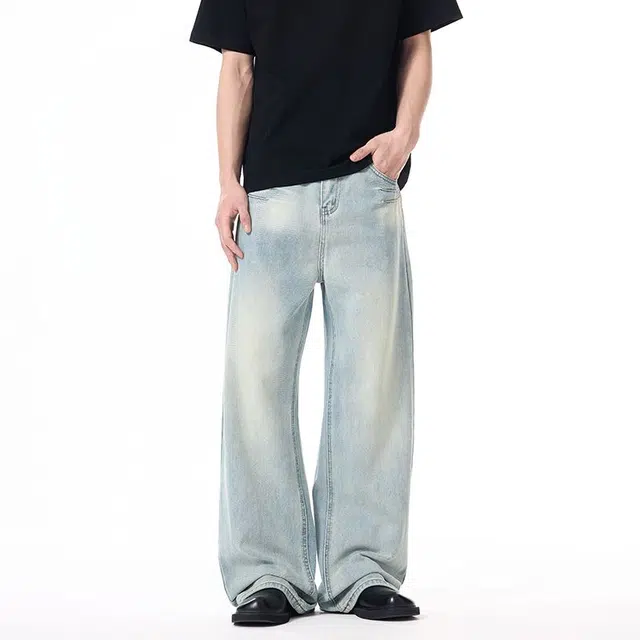 童先森 潮牌简约美式宽松水洗做旧长裤子牛仔裤 男款