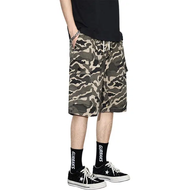 童先森 迷彩高街宽松直筒裤中腰休闲短裤 男款