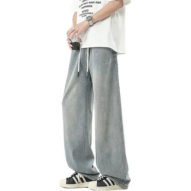 童先森 美式复古水洗做旧春夏季休闲宽松直筒阔腿长裤牛仔裤 男款