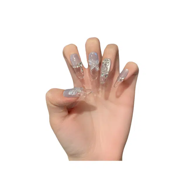 韵月乔 蝶梦蓝海春夏冰透立体蝴蝶猫眼清新美甲纯手工  穿戴甲 椭圆蓝色渐变 纯欲