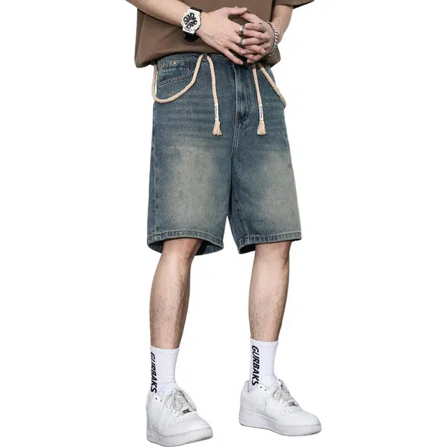 童先森 美式休闲水洗宽松中腰五分裤牛仔短裤 男款