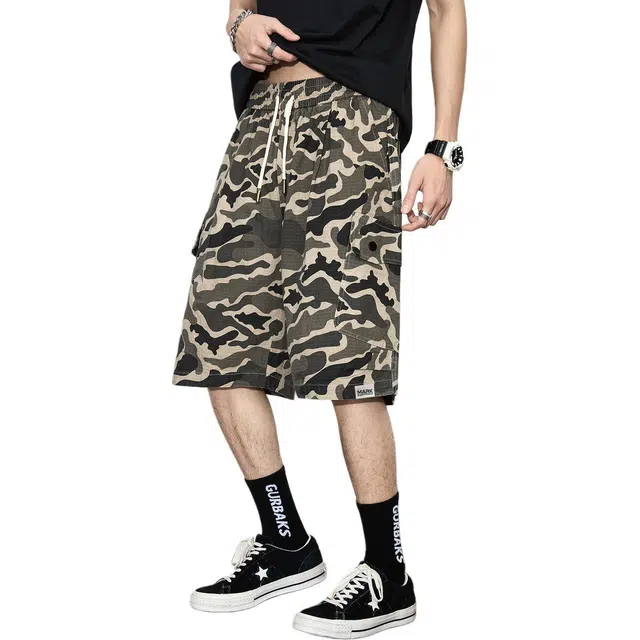 童先森 迷彩高街宽松直筒裤中腰休闲短裤 男款
