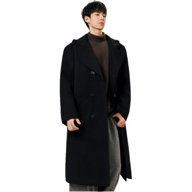 半空山 秋季韩系中长款毛呢连帽 过膝显瘦大衣外套 男女同款