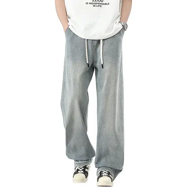 童先森 美式复古水洗做旧春夏季休闲宽松直筒阔腿长裤牛仔裤 男款