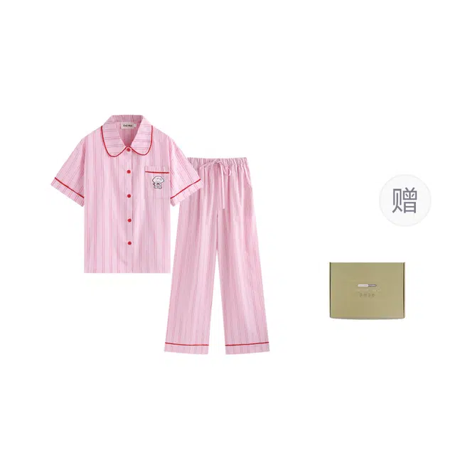 侘町 咩咩羊卡通条纹柔软透气亲肤睡衣礼盒 女款 粉色